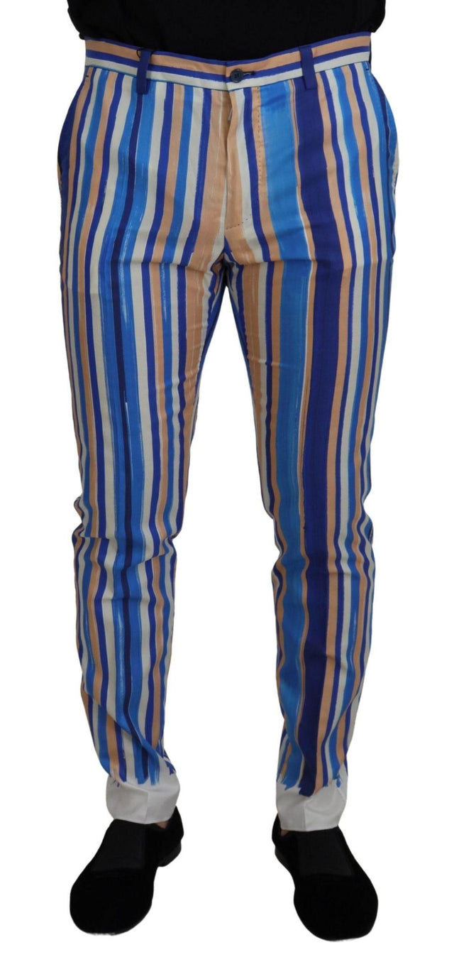 Dolce & Gabbana Blue Striped Silk Cotton Slim Trousers Pants - Hilstor