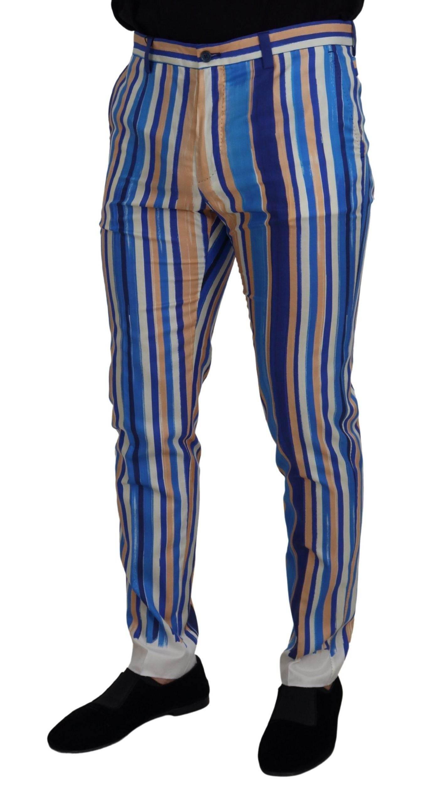 Dolce & Gabbana Blue Striped Silk Cotton Slim Trousers Pants - Hilstor