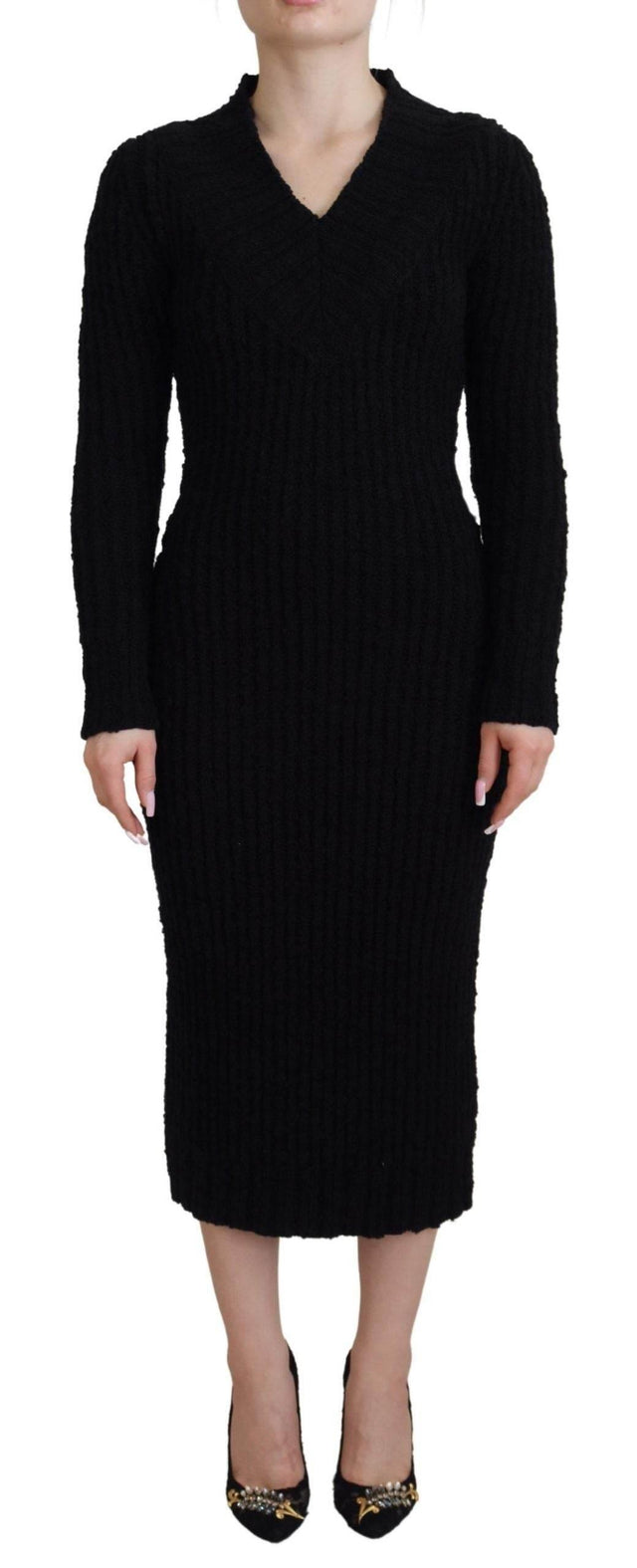 Dolce & Gabbana Black Wool Knitted Sheath Sweater Dress - Hilstor
