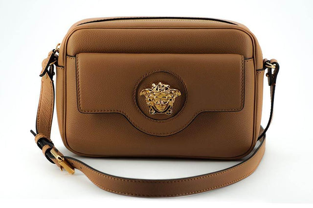 Versace Elegant Brown Leather Camera Case Shoulder Bag - Hilstor
