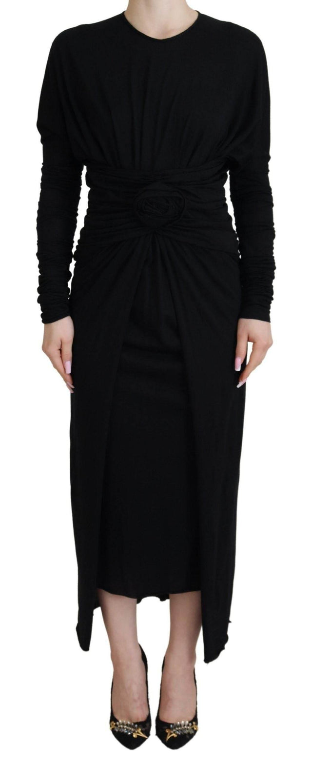 Dolce & Gabbana Black Sheath Midi Gown Wool Wrap Dress - Hilstor