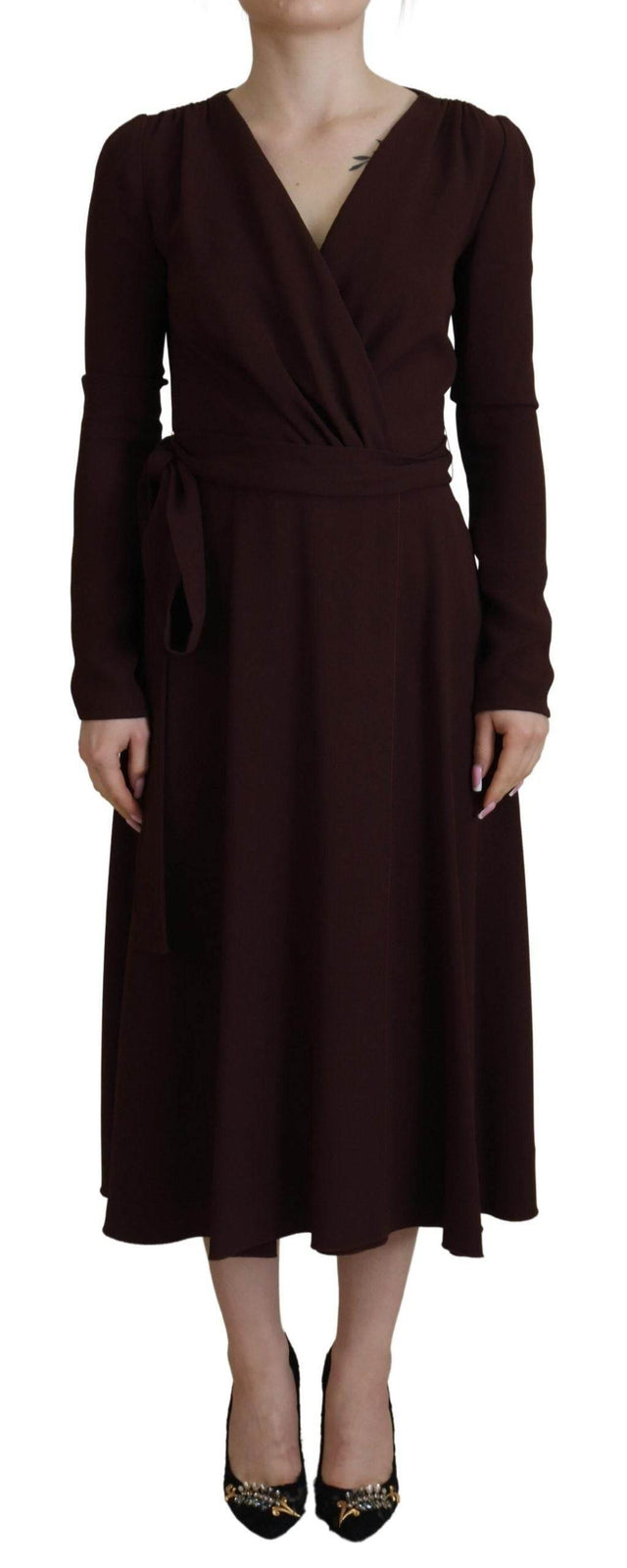 Dolce & Gabbana Brown Wrap Long Sleeve Midi Stretch Dress - Hilstor