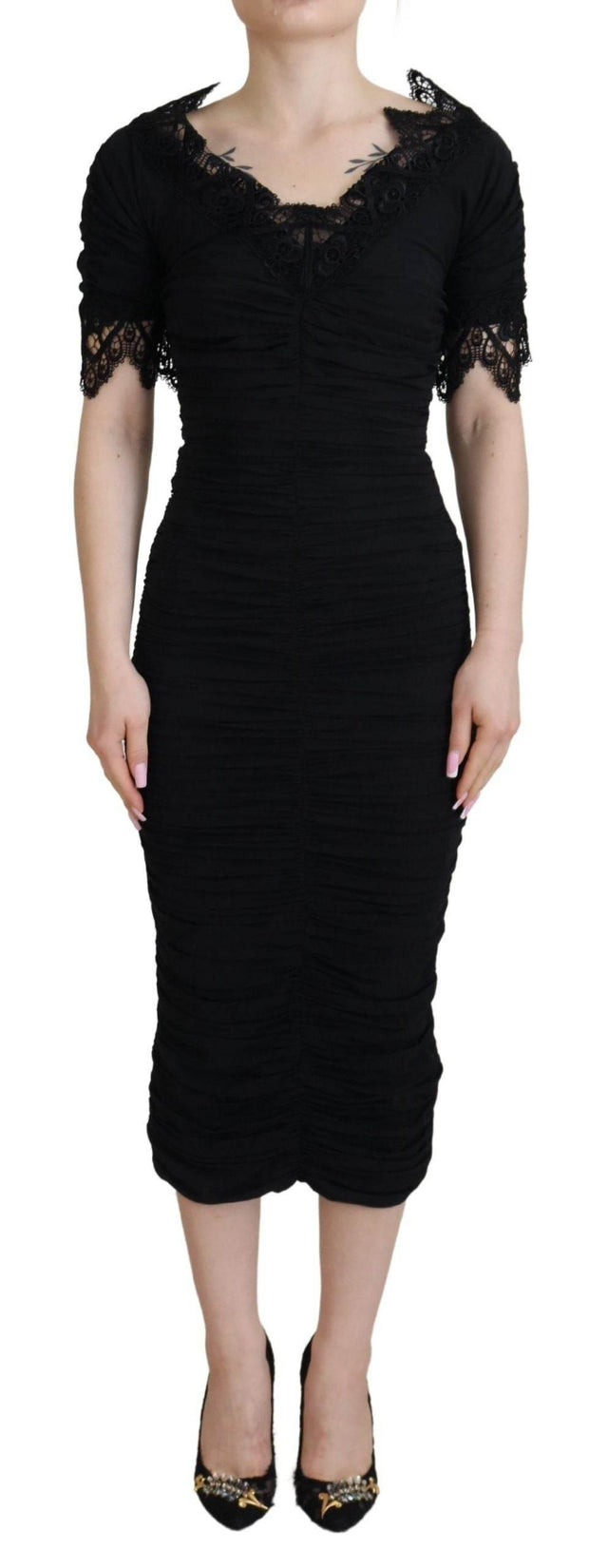 Dolce & Gabbana Black Sheath Midi Bodycon Lace Silk Dress - Hilstor