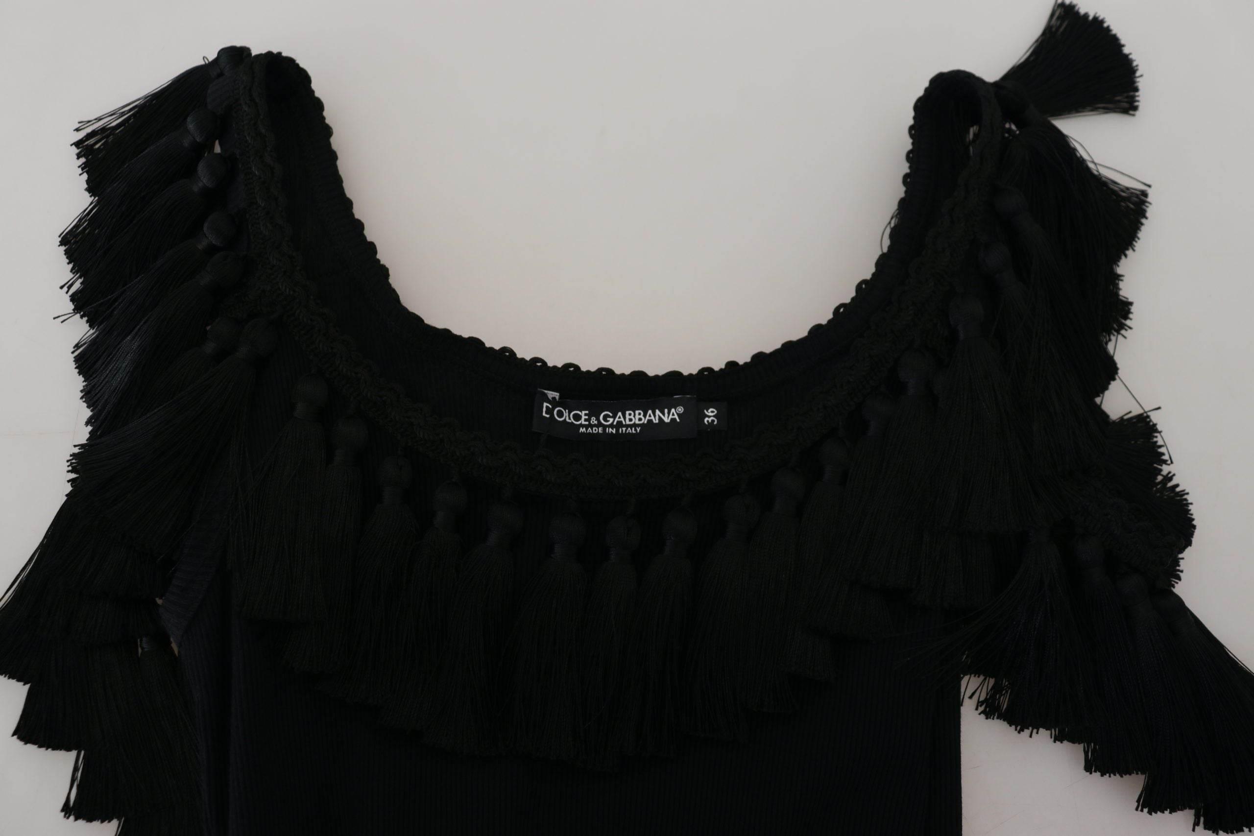 Dolce & Gabbana Black Tank Top Blouse Tassle Cotton Blouse - Hilstor