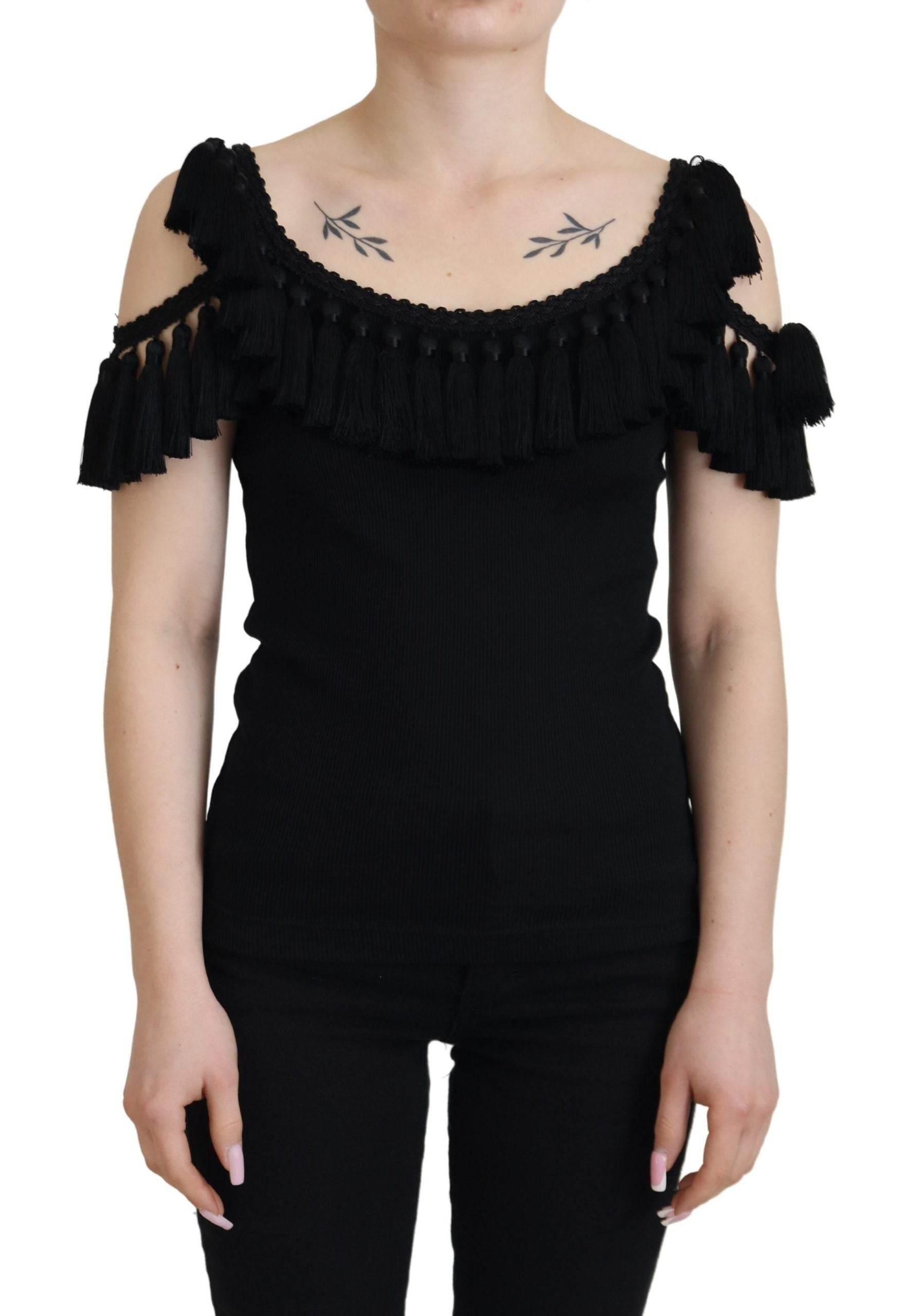 Dolce & Gabbana Black Tank Top Blouse Tassle Cotton Blouse - Hilstor