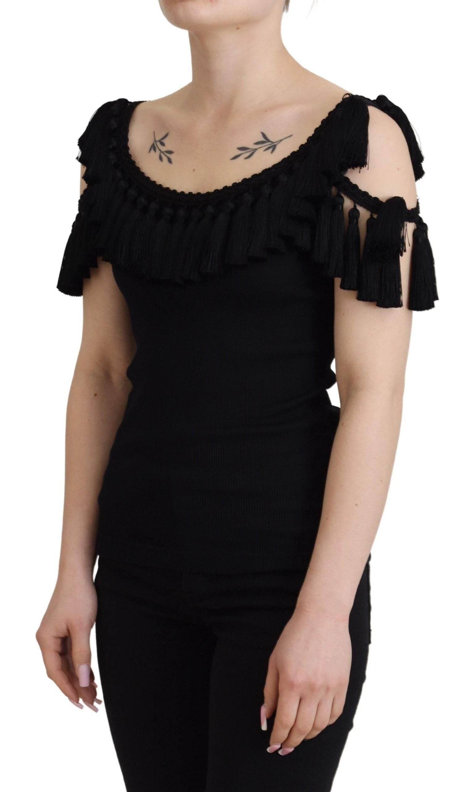 Dolce & Gabbana Black Tank Top Blouse Tassle Cotton Blouse - Hilstor