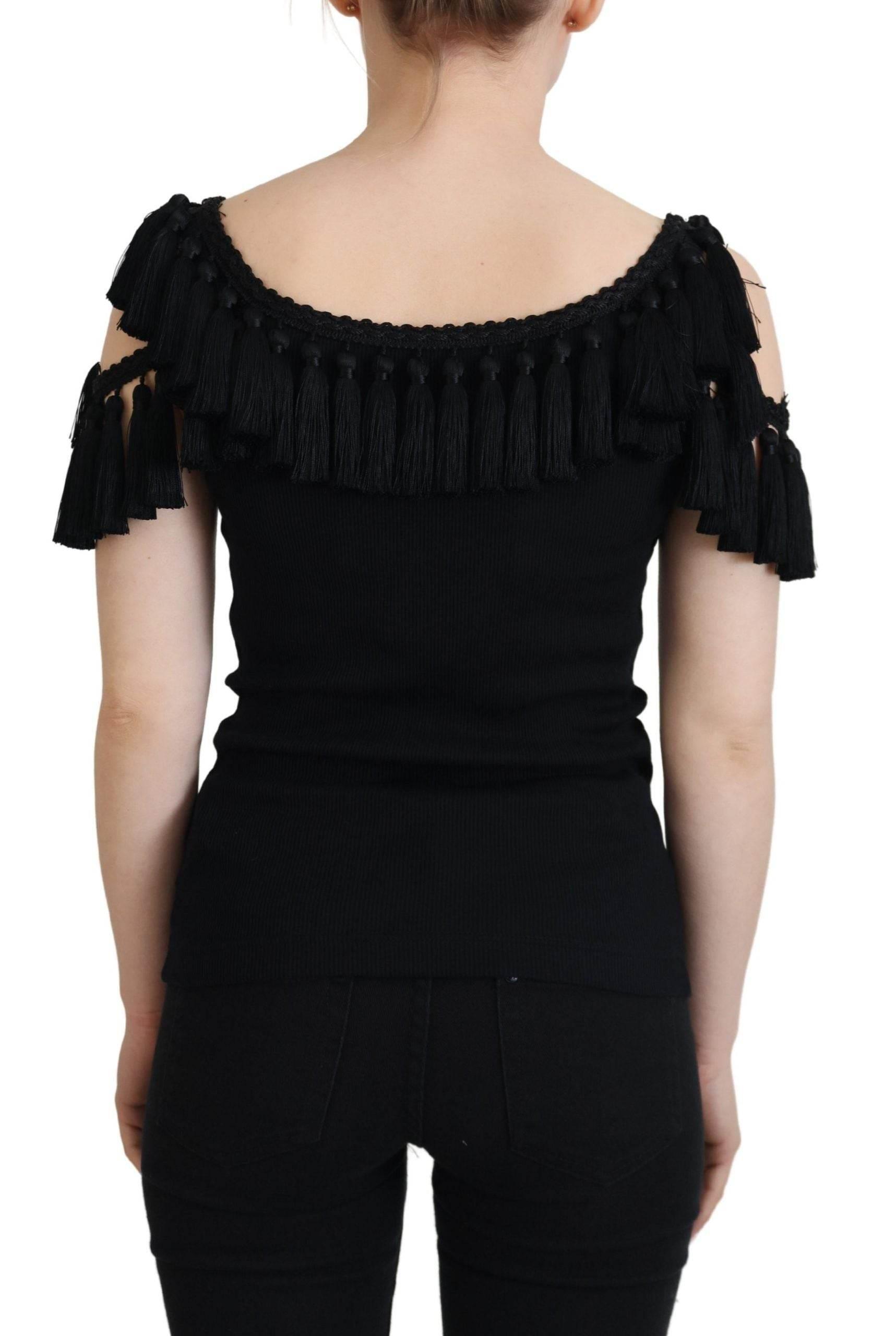 Dolce & Gabbana Black Tank Top Blouse Tassle Cotton Blouse - Hilstor