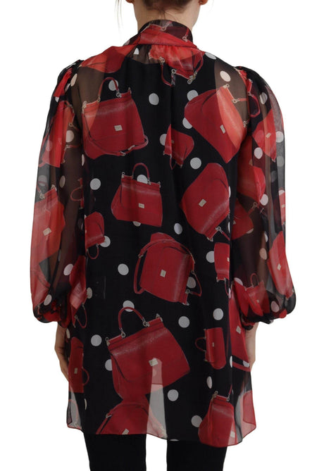 Dolce & Gabbana Black Red Sicily Bag Silk Shirt Top Blouse - Hilstor