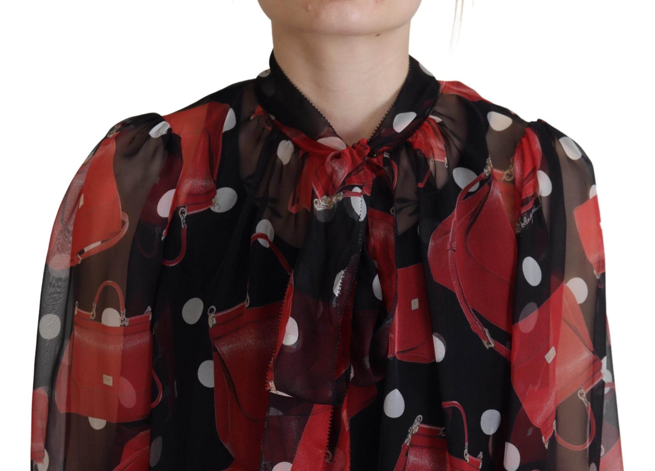 Dolce & Gabbana Black Red Sicily Bag Silk Shirt Top Blouse - Hilstor