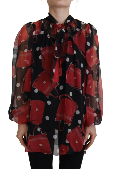 Dolce & Gabbana Black Red Sicily Bag Silk Shirt Top Blouse - Hilstor