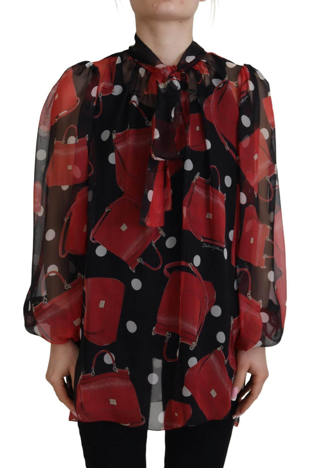 Dolce & Gabbana Black Red Sicily Bag Silk Shirt Top Blouse - Hilstor