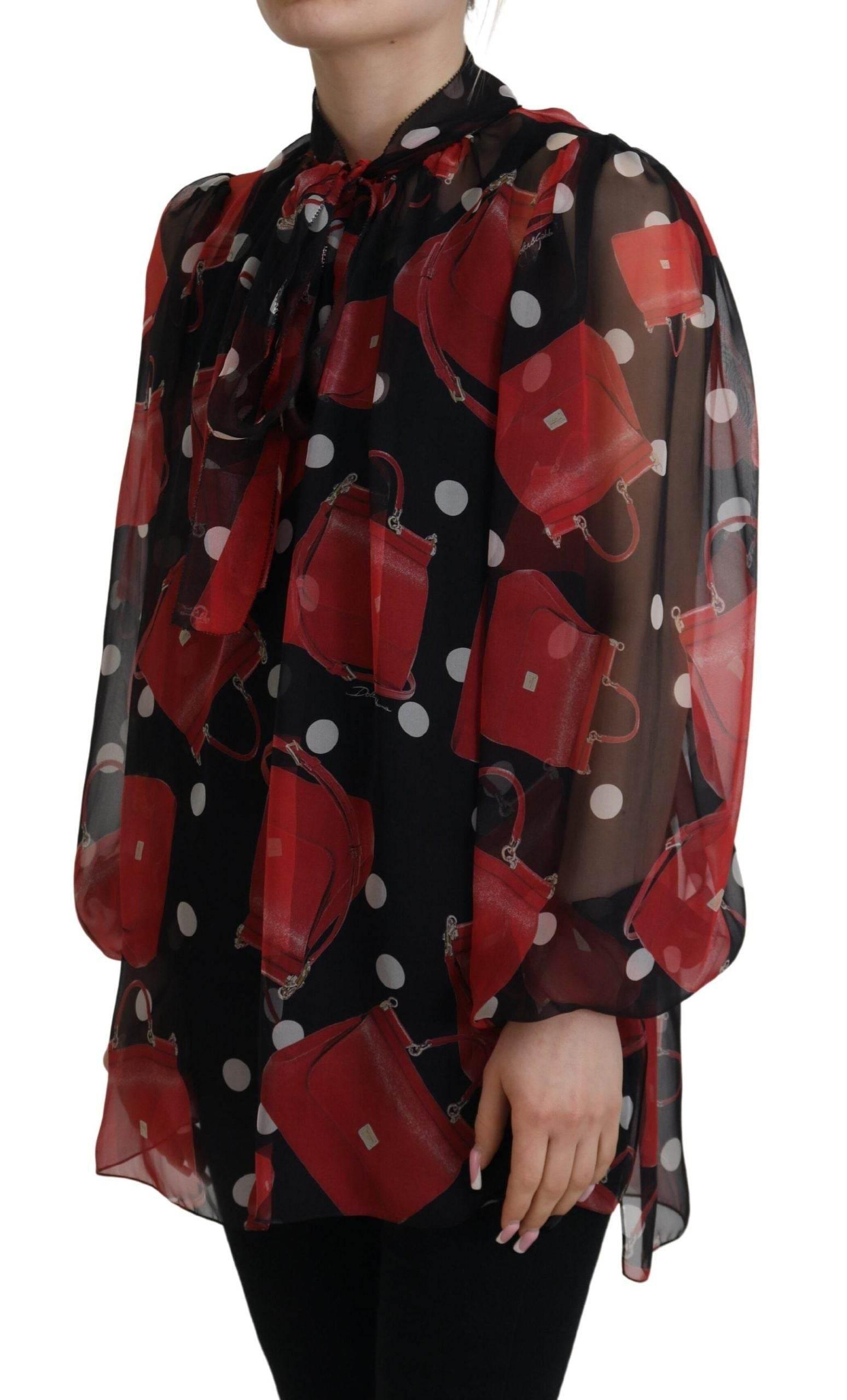 Dolce & Gabbana Black Red Sicily Bag Silk Shirt Top Blouse - Hilstor