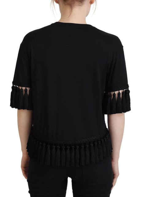 Dolce & Gabbana Black T-shirt Blouse Tassle Cotton Blouse - Hilstor