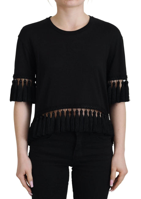 Dolce & Gabbana Black T-shirt Blouse Tassle Cotton Blouse - Hilstor
