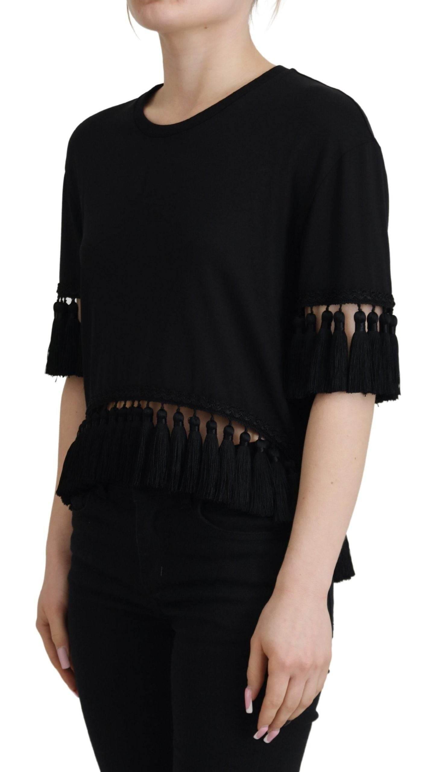 Dolce & Gabbana Black T-shirt Blouse Tassle Cotton Blouse - Hilstor