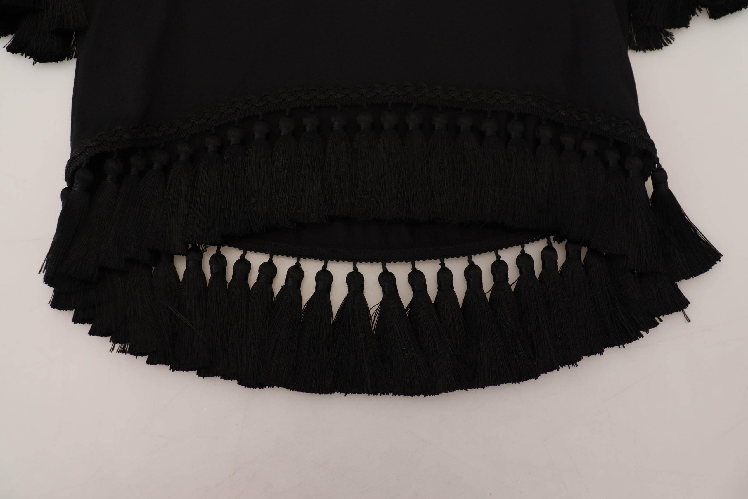 Dolce & Gabbana Black T-shirt Blouse Tassle Cotton Blouse - Hilstor