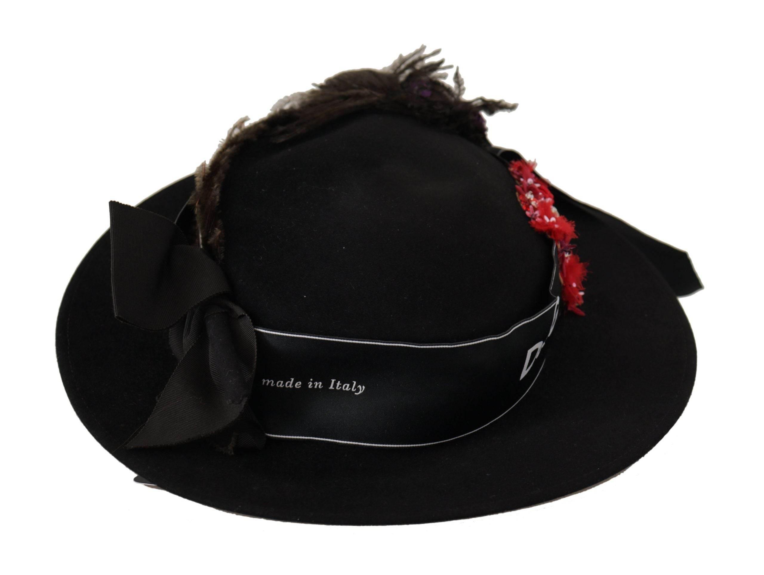 Dolce & Gabbana Black Lapil Crystal Heart Feather Brooch Fedora Hat - Hilstor