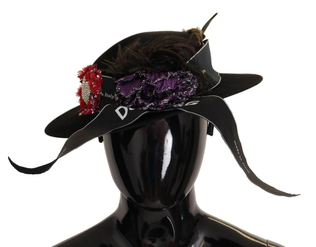 Dolce & Gabbana Black Lapil Crystal Heart Feather Brooch Fedora Hat - Hilstor