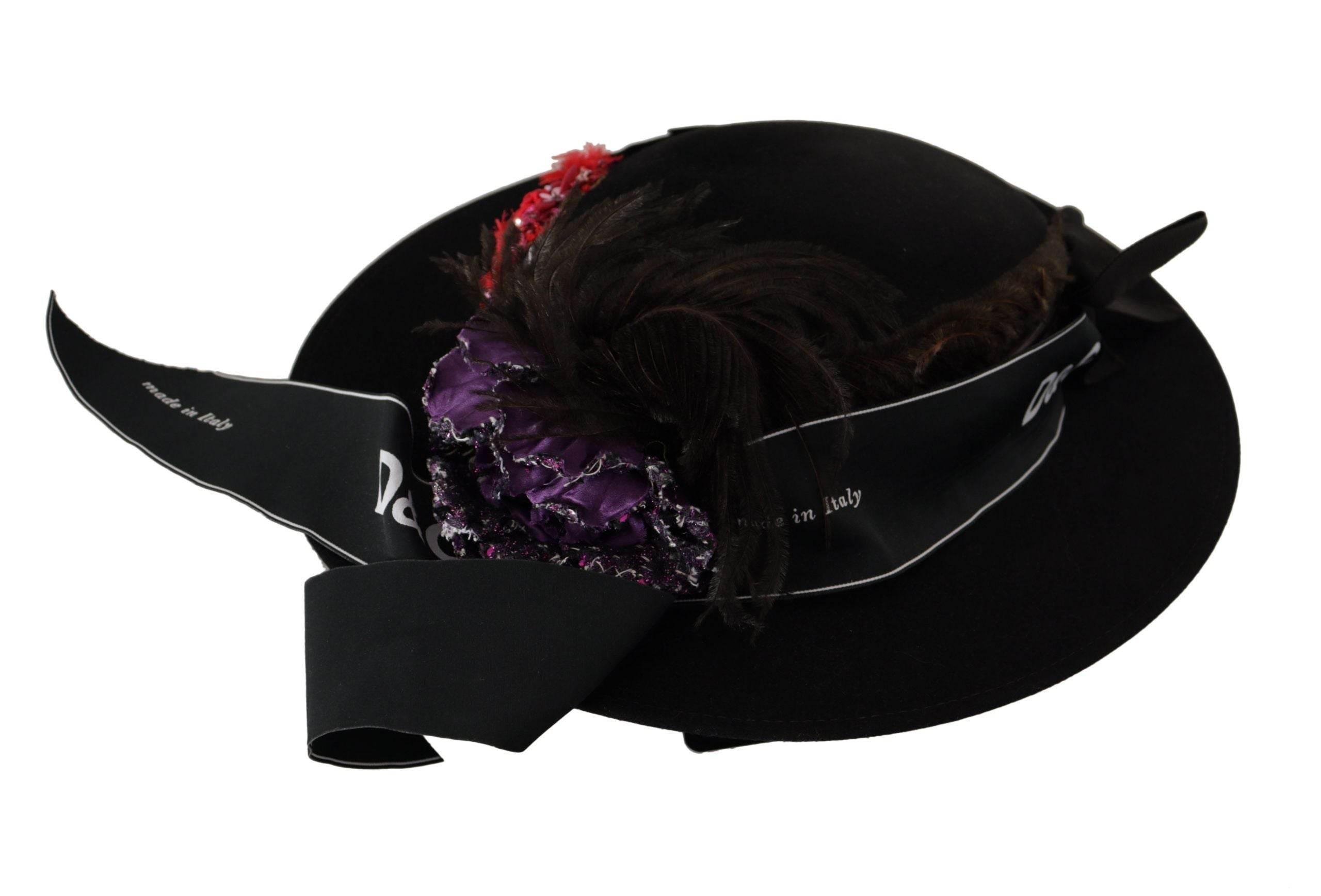 Dolce & Gabbana Black Lapil Crystal Heart Feather Brooch Fedora Hat - Hilstor