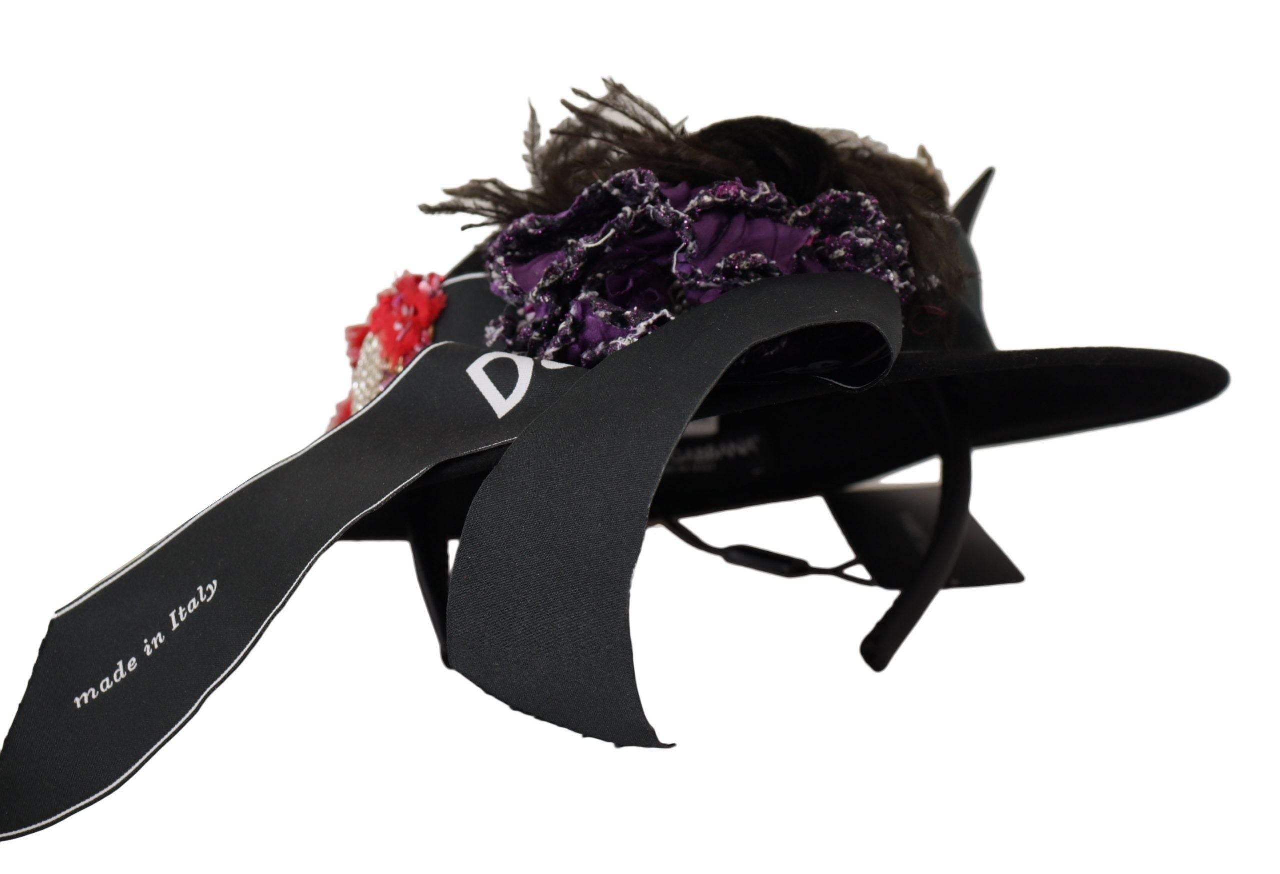 Dolce & Gabbana Black Lapil Crystal Heart Feather Brooch Fedora Hat - Hilstor