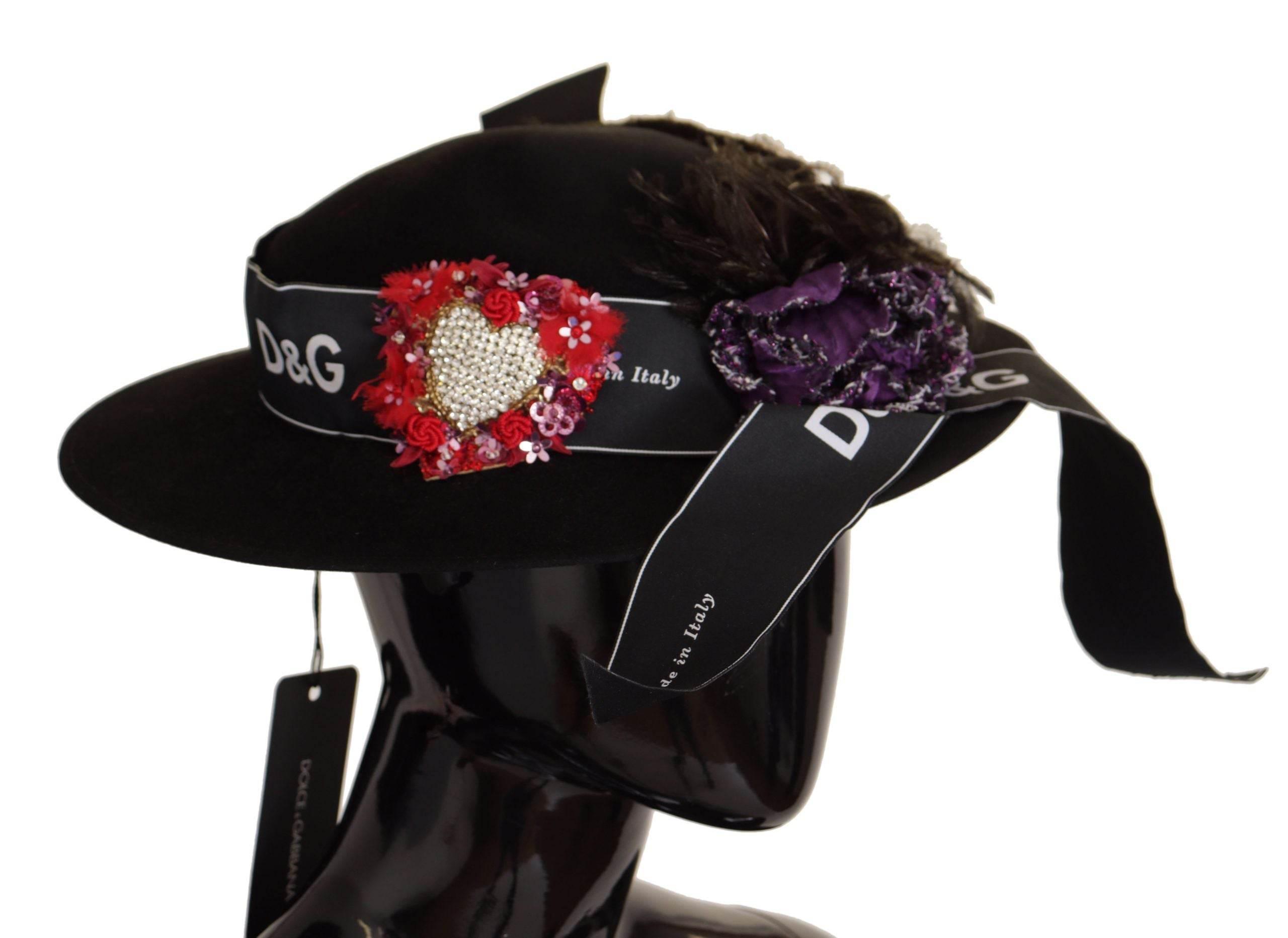 Dolce & Gabbana Black Lapil Crystal Heart Feather Brooch Fedora Hat - Hilstor