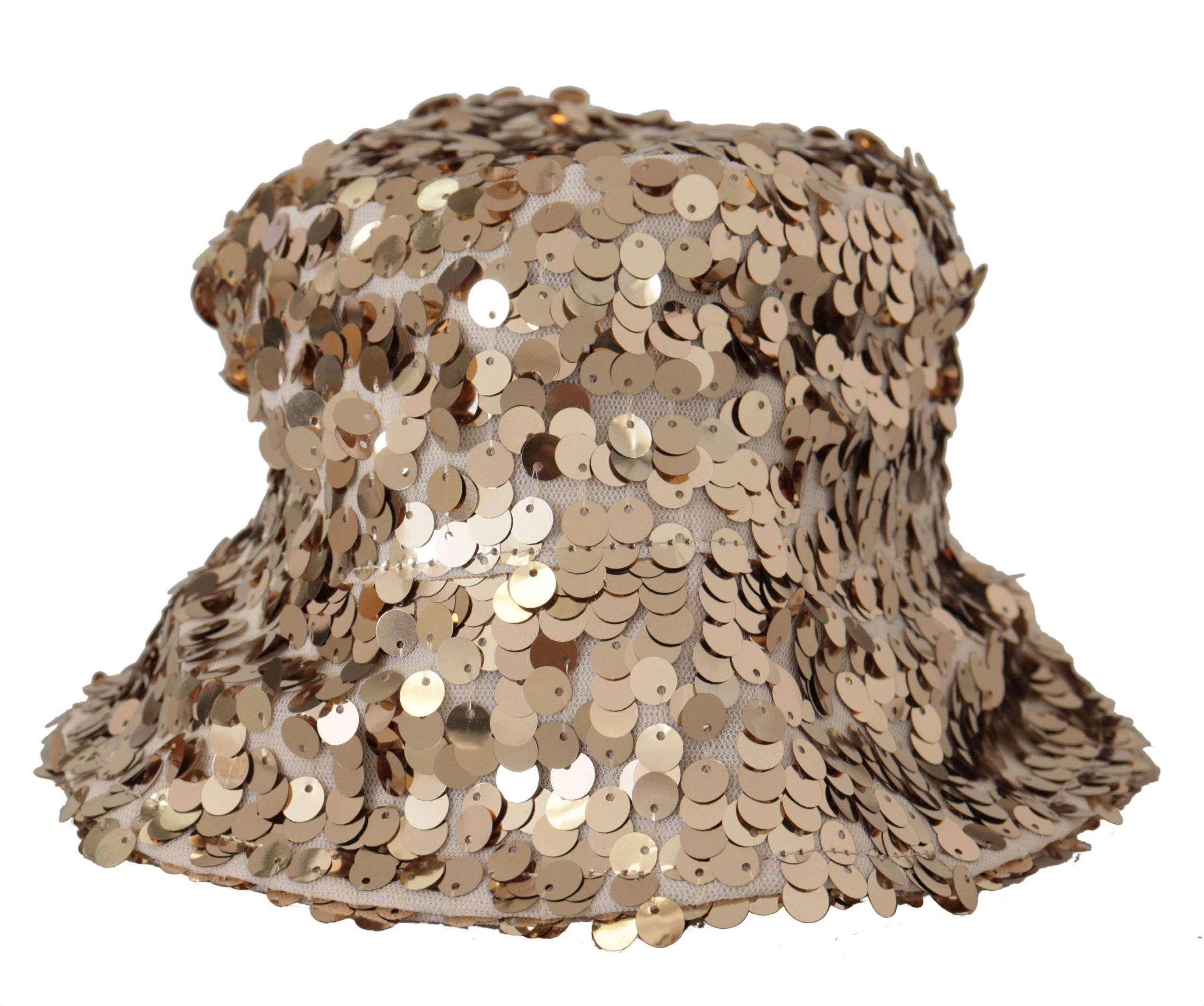 Dolce & Gabbana Gold Silk Sequin Embellished Designer Brim Bucket Hat - Hilstor