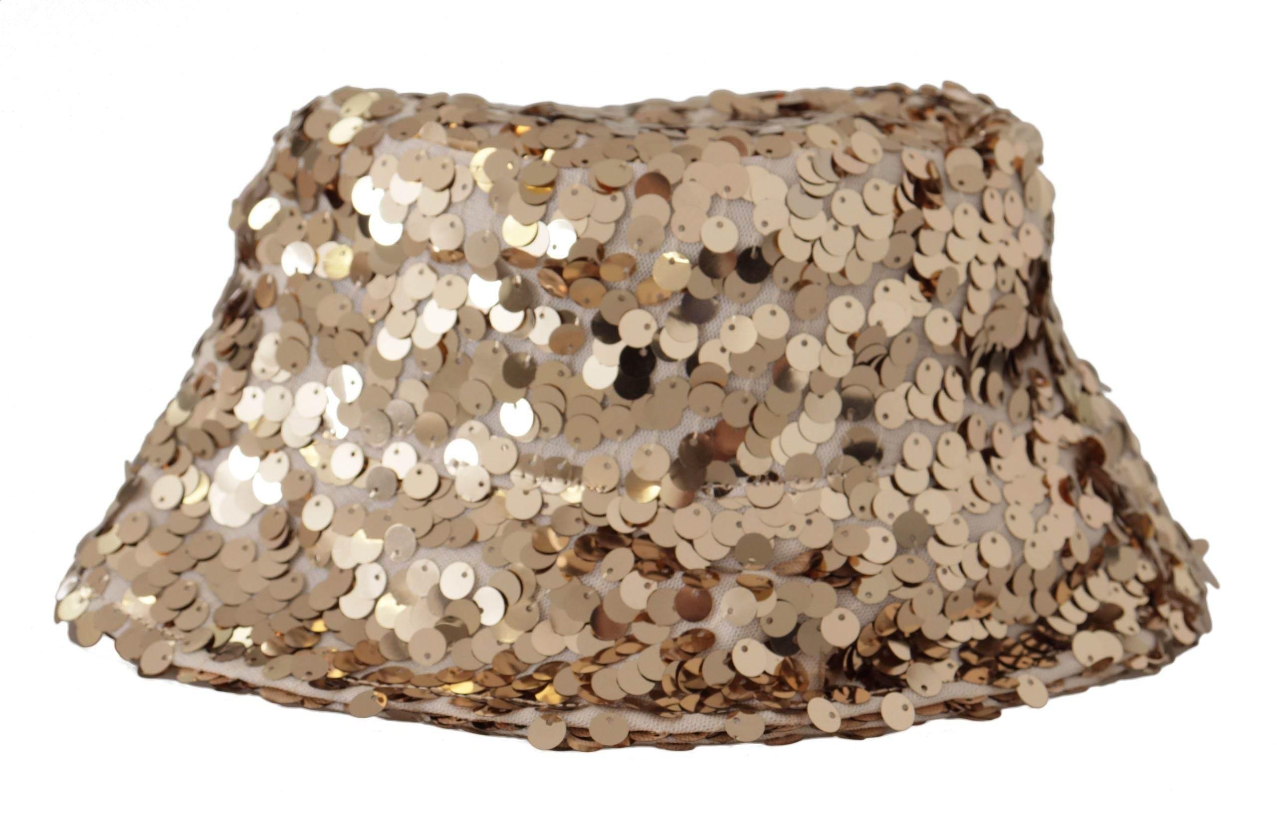 Dolce & Gabbana Gold Silk Sequin Embellished Designer Brim Bucket Hat - Hilstor