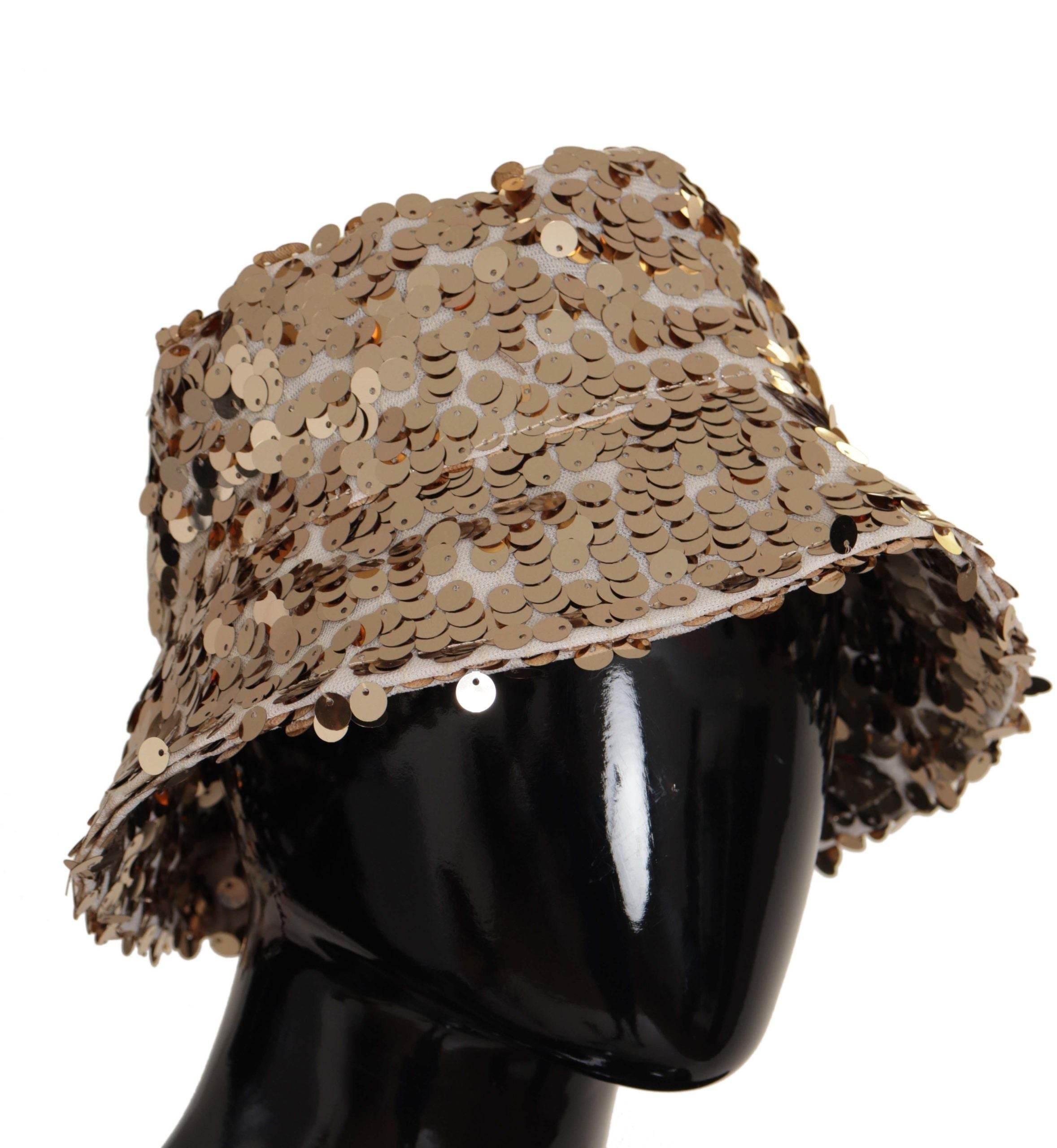 Dolce & Gabbana Gold Silk Sequin Embellished Designer Brim Bucket Hat - Hilstor