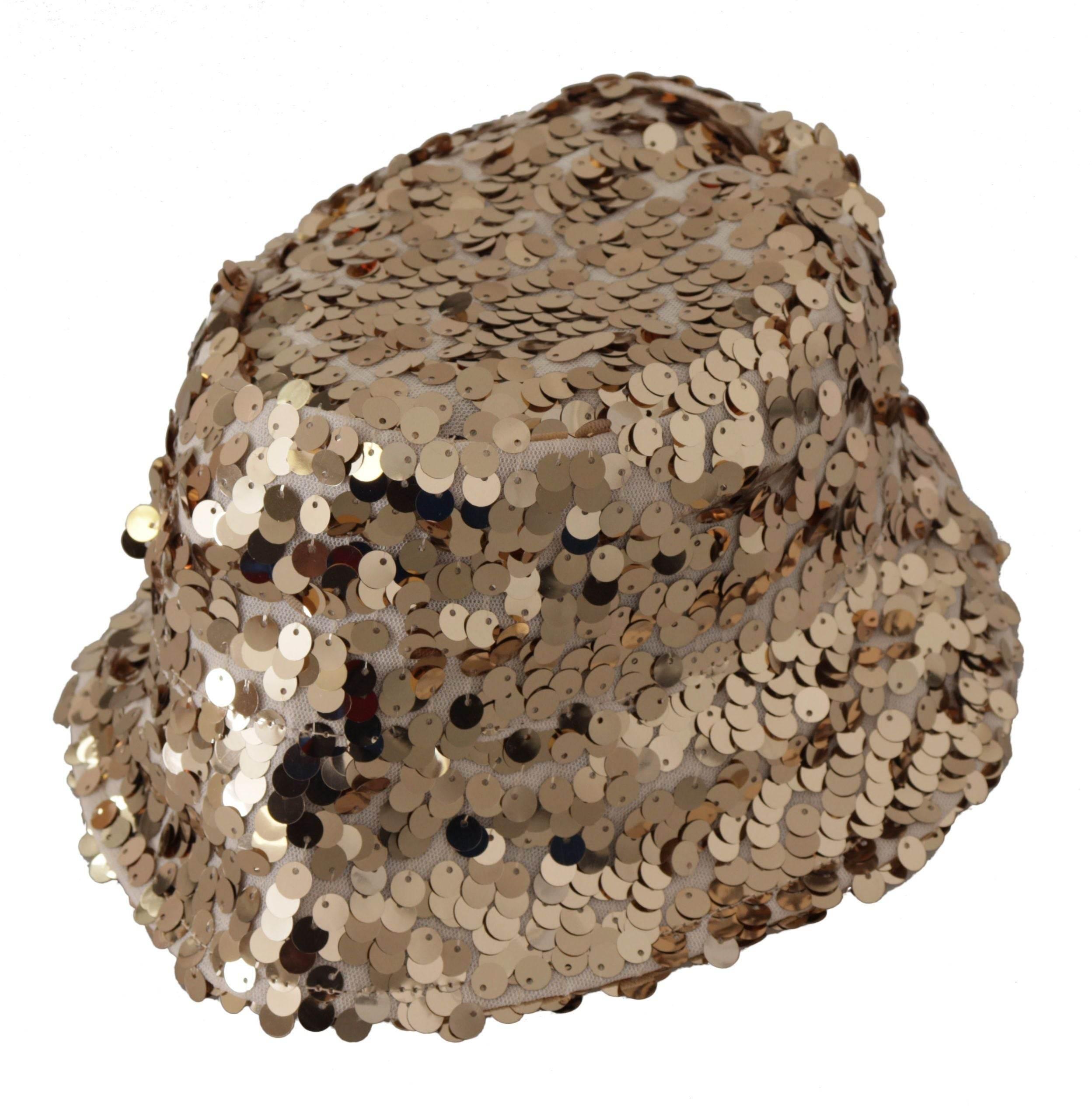 Dolce & Gabbana Gold Silk Sequin Embellished Designer Brim Bucket Hat - Hilstor