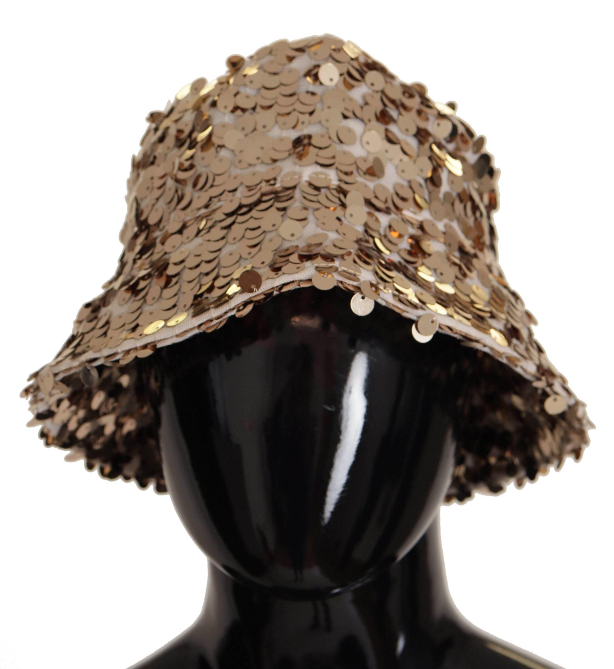 Dolce & Gabbana Gold Silk Sequin Embellished Designer Brim Bucket Hat - Hilstor