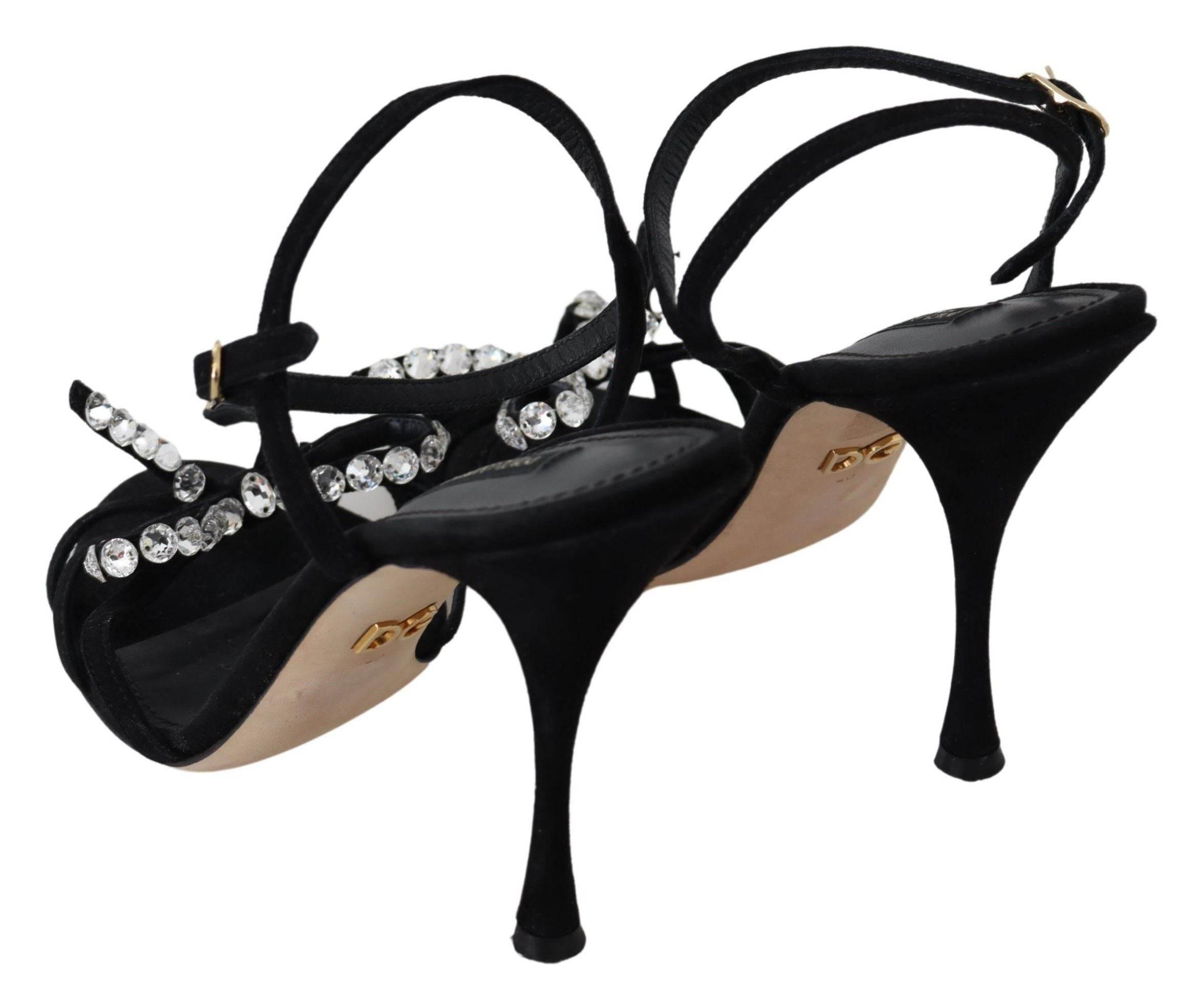 Dolce & Gabbana Black Suede Crystals Heels Sandals Shoes - Hilstor