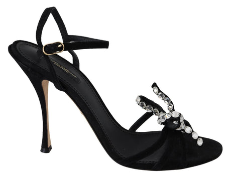 Dolce & Gabbana Black Suede Crystals Heels Sandals Shoes - Hilstor