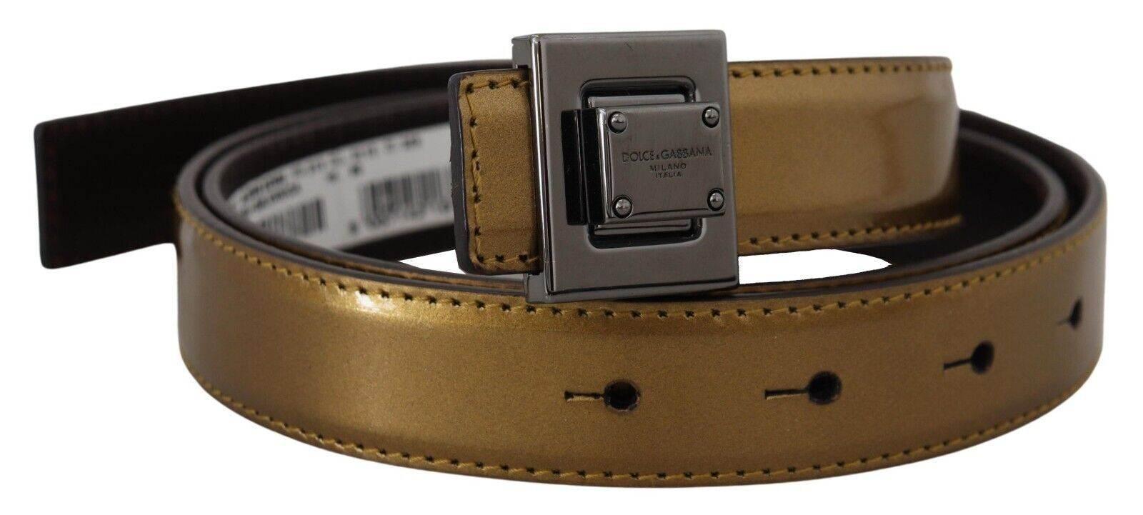 Dolce & Gabbana Gold Leather Silver Square Metal Buckle Belt - Hilstor