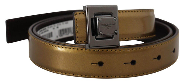 Dolce & Gabbana Gold Leather Silver Square Metal Buckle Belt - Hilstor