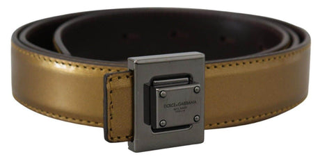 Dolce & Gabbana Gold Leather Silver Square Metal Buckle Belt - Hilstor