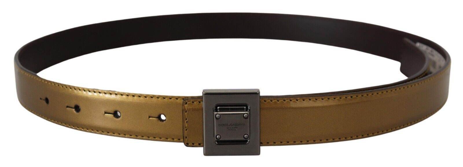 Dolce & Gabbana Gold Leather Silver Square Metal Buckle Belt - Hilstor