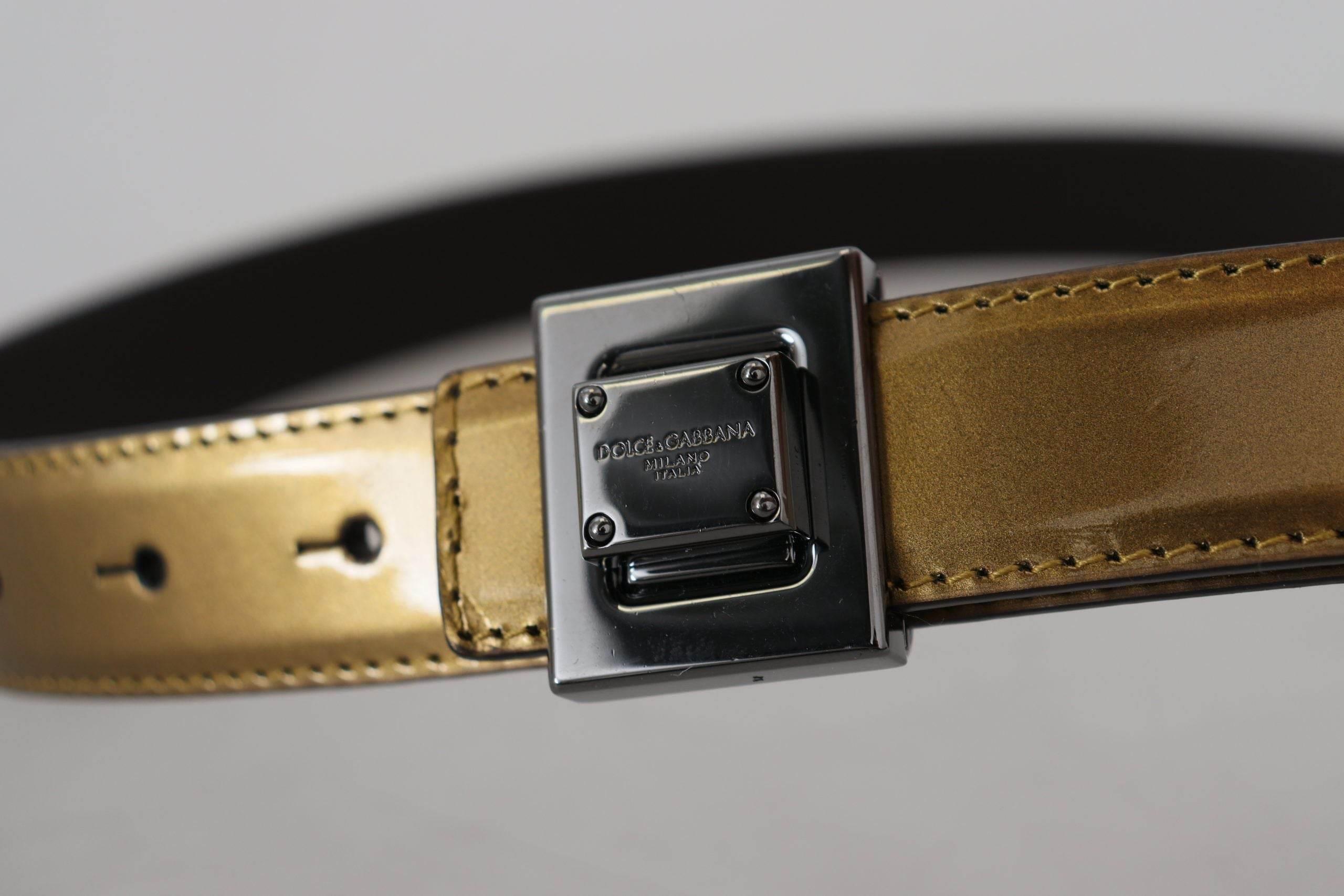 Dolce & Gabbana Gold Leather Silver Square Metal Buckle Belt - Hilstor