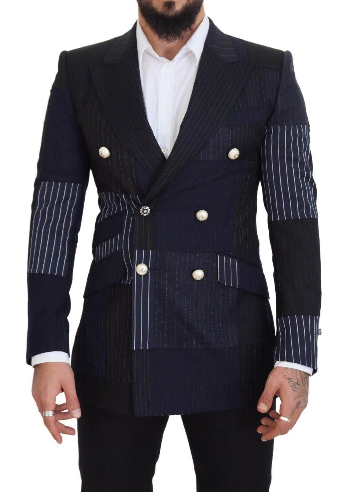 Dolce & Gabbana Blue Wool Patchwork Double Breasted Blazer - Hilstor