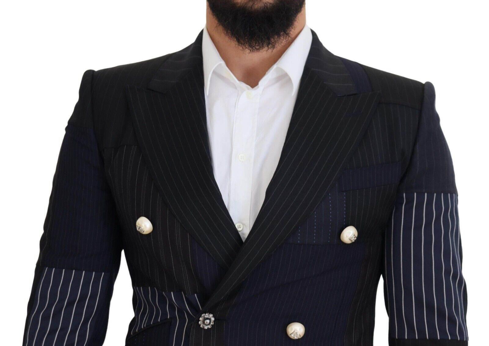 Dolce & Gabbana Blue Wool Patchwork Double Breasted Blazer - Hilstor