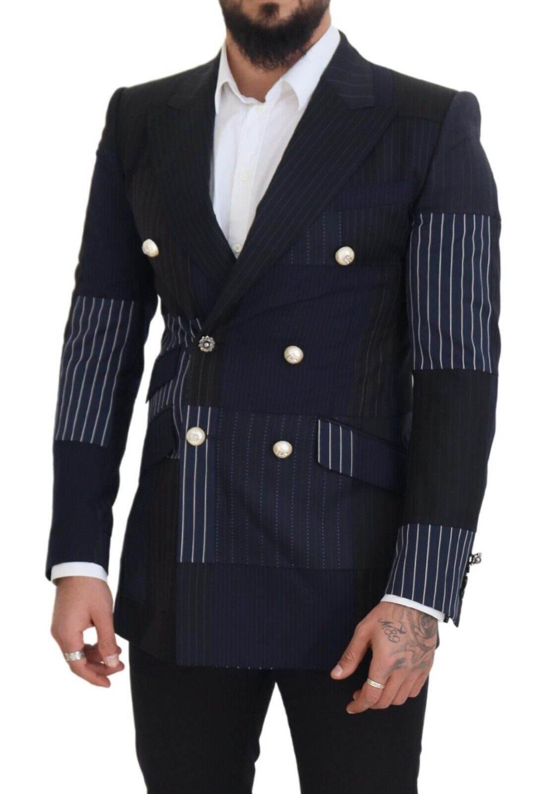 Dolce & Gabbana Blue Wool Patchwork Double Breasted Blazer - Hilstor