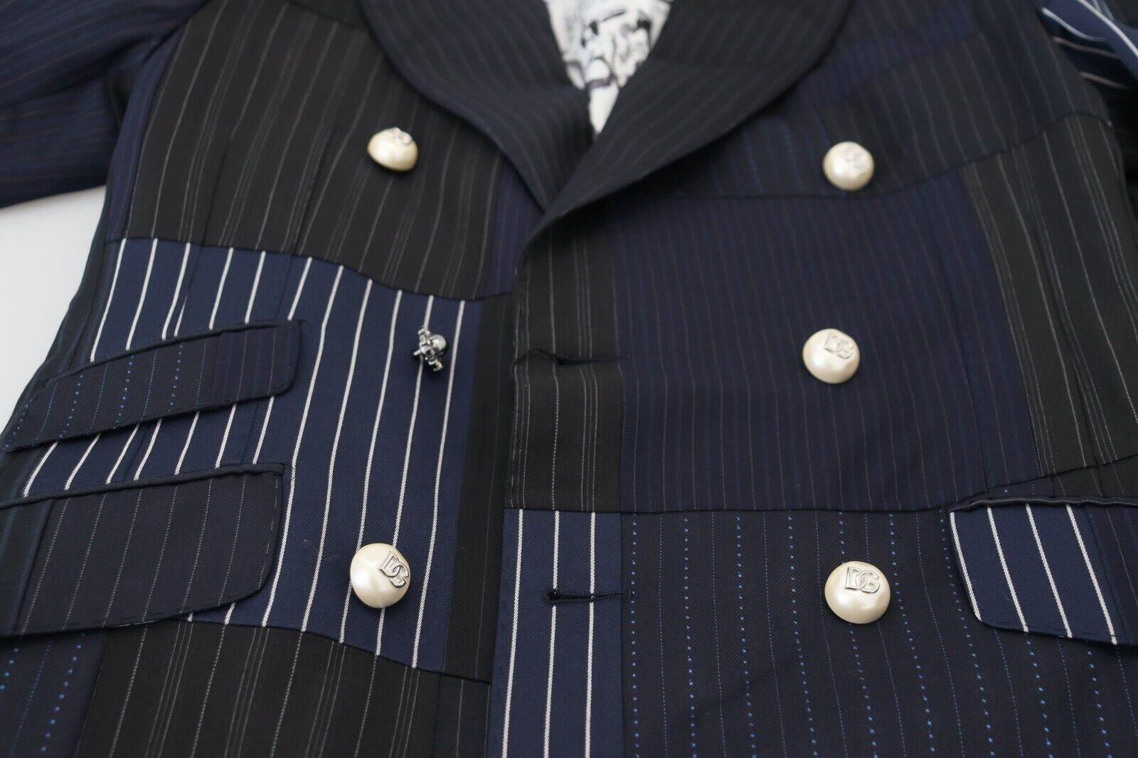 Dolce & Gabbana Blue Wool Patchwork Double Breasted Blazer - Hilstor