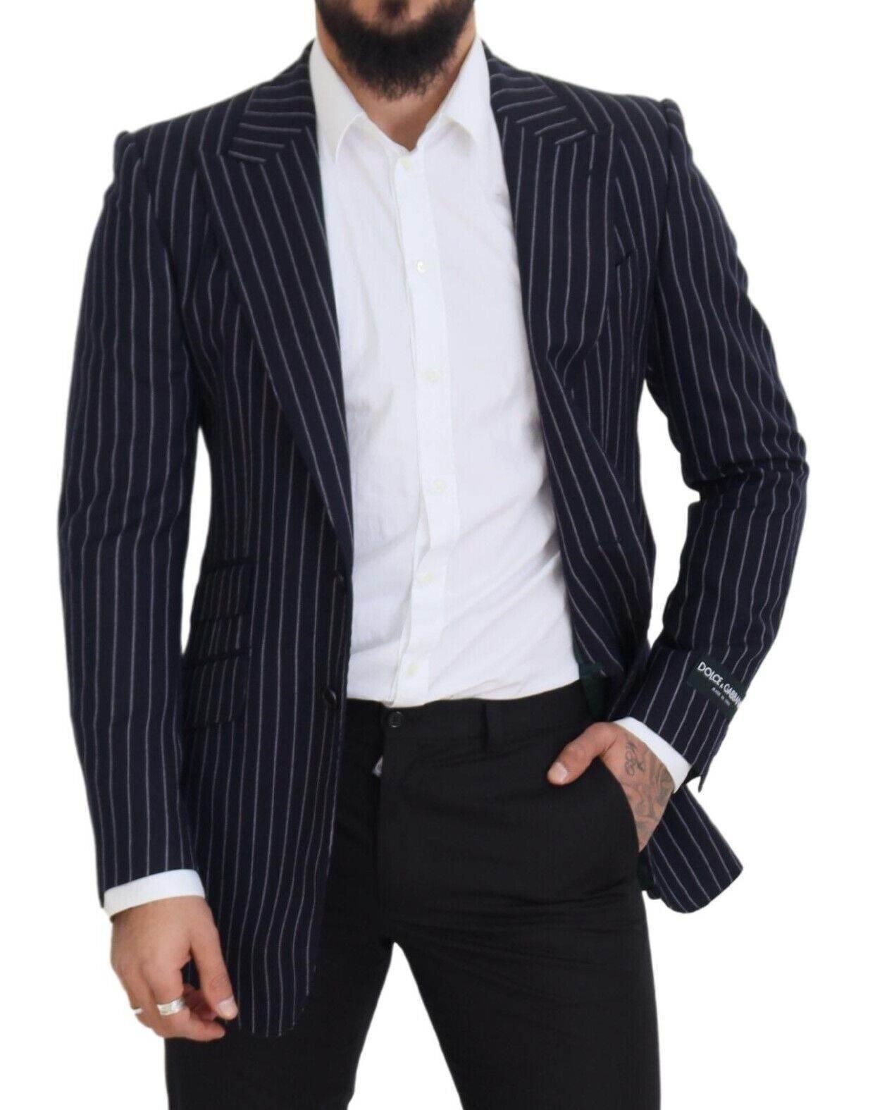 Dolce & Gabbana Dark Blue Stripe Wool Single Breasted Blazer - Hilstor