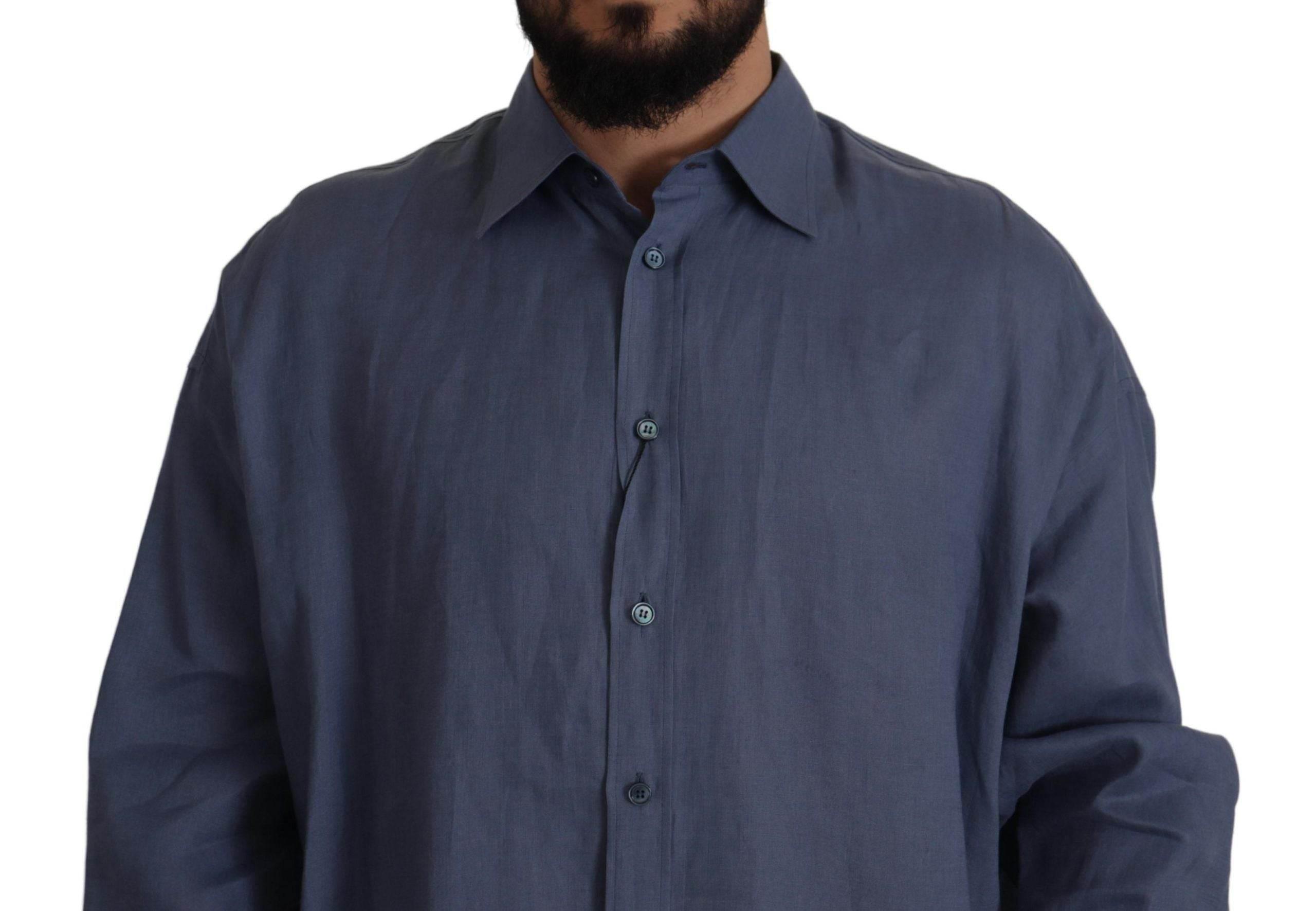 Dolce & Gabbana Dark Blue Linen Slim Fit Dress Formal Men Shirt - Hilstor