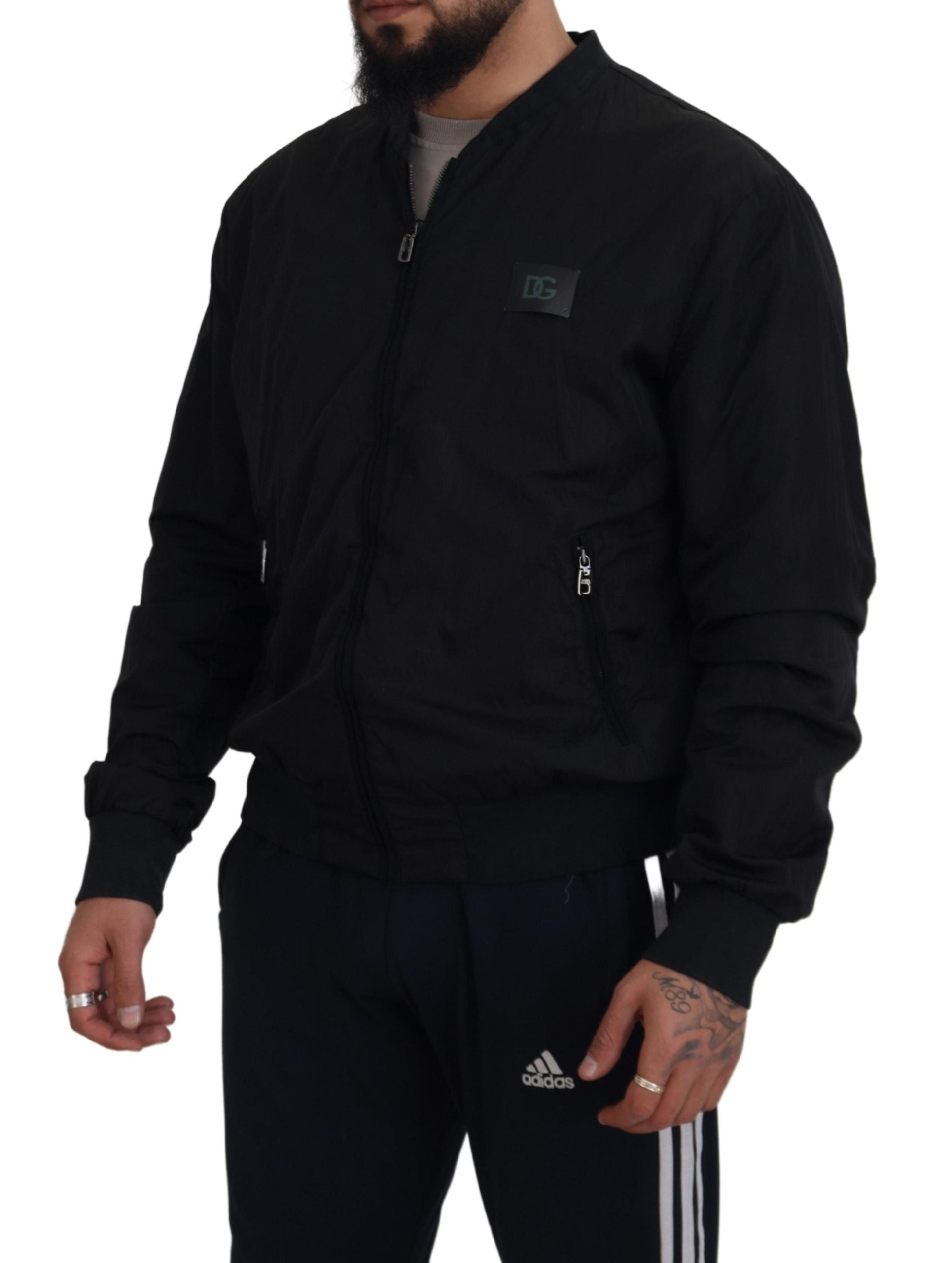 Dolce &amp; Gabbana Sort Nylon Logo Bomberjakke med Lynlås