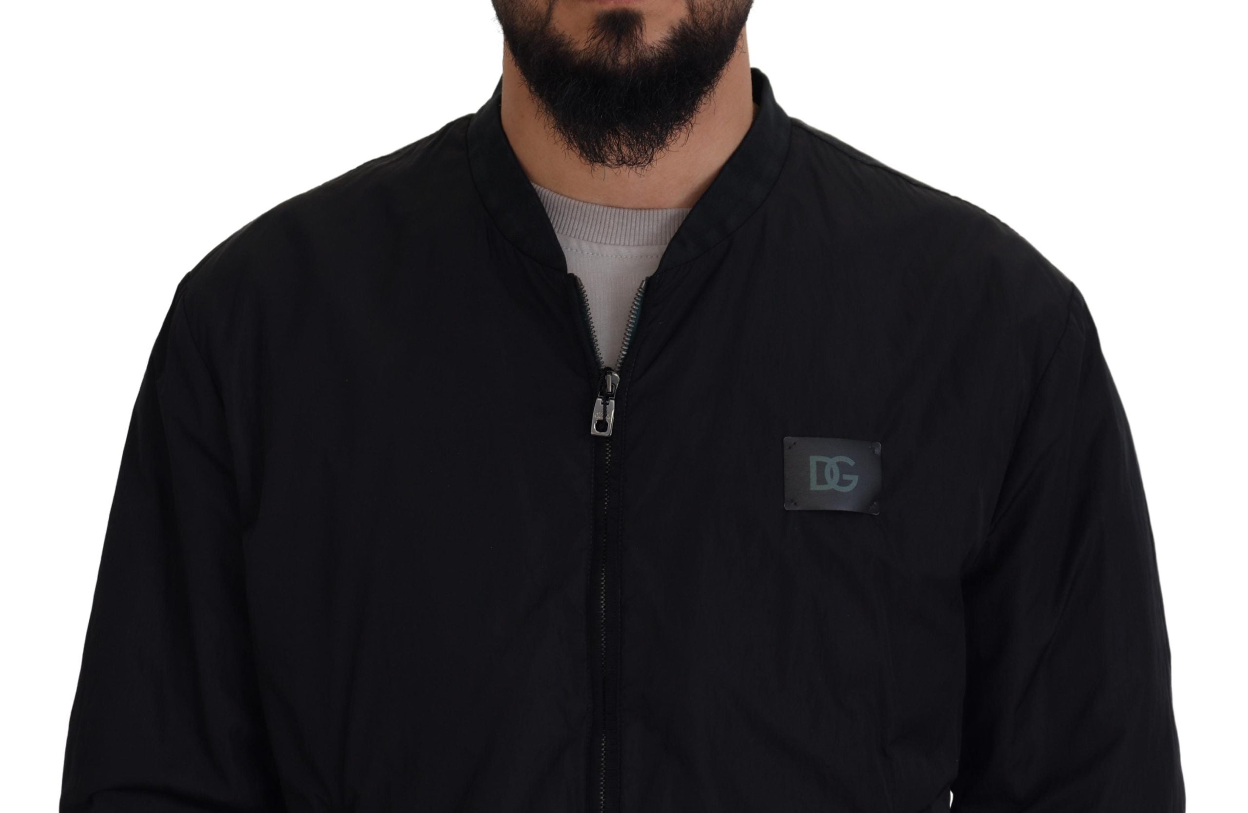 Dolce &amp; Gabbana Sort Nylon Logo Bomberjakke med Lynlås