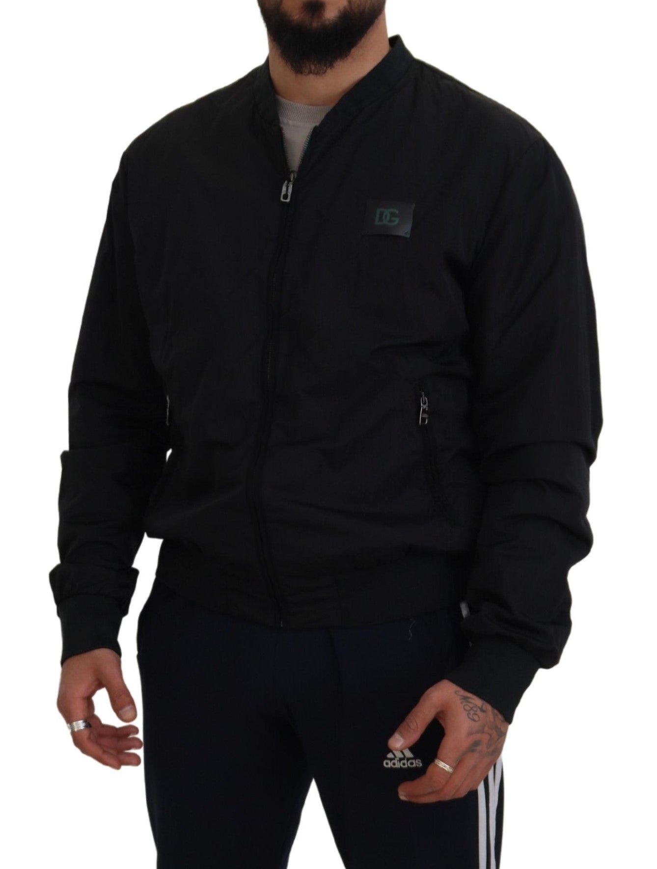 Dolce &amp; Gabbana Sort Nylon Logo Bomberjakke med Lynlås
