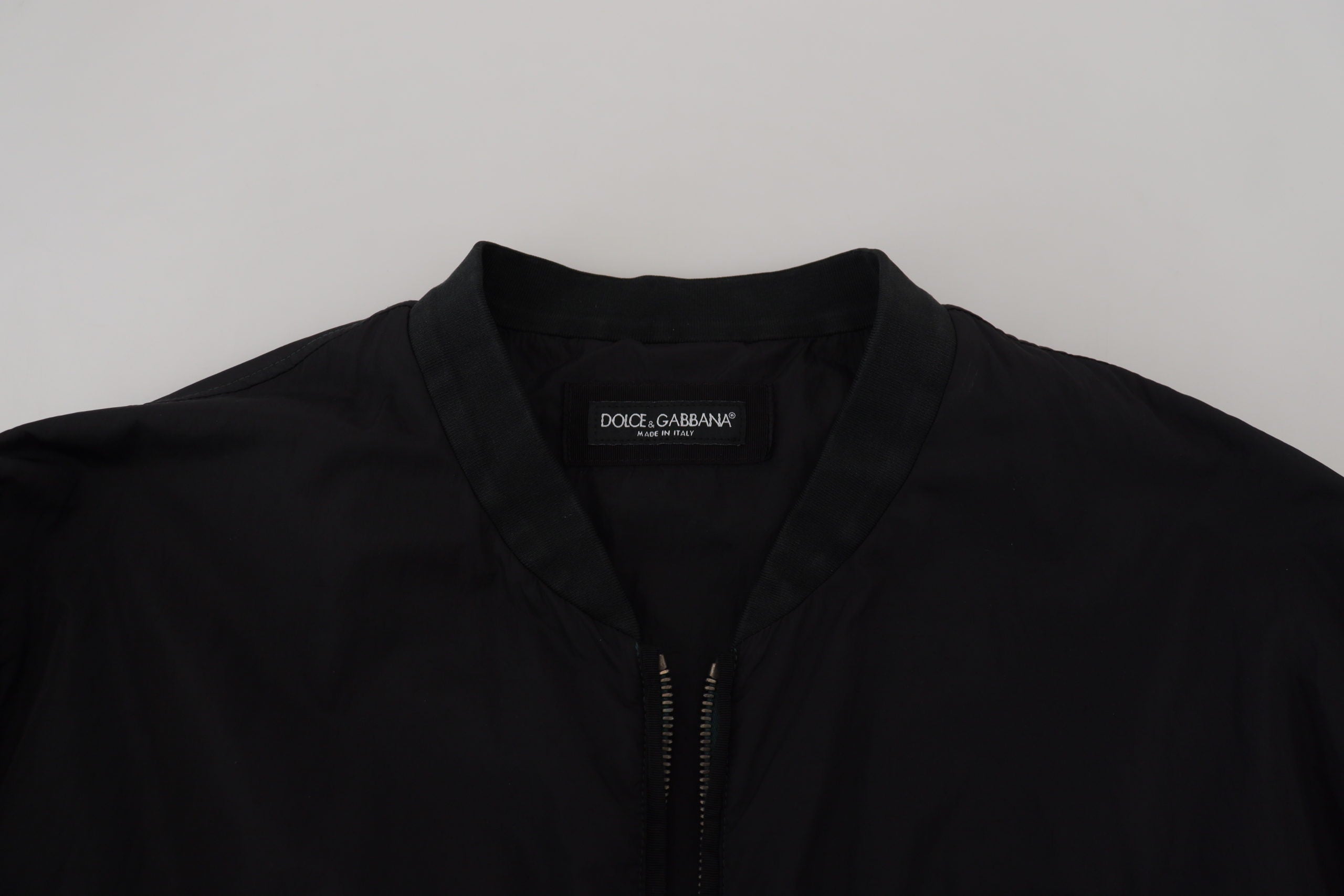 Dolce &amp; Gabbana Sort Nylon Logo Bomberjakke med Lynlås