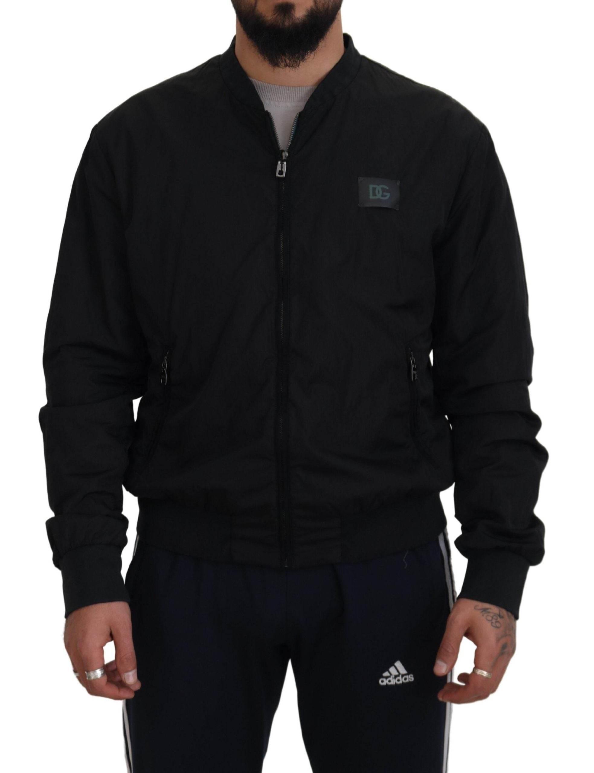 Dolce & Gabbana Black Nylon Logo Bomber Zipper Jacket - Hilstor