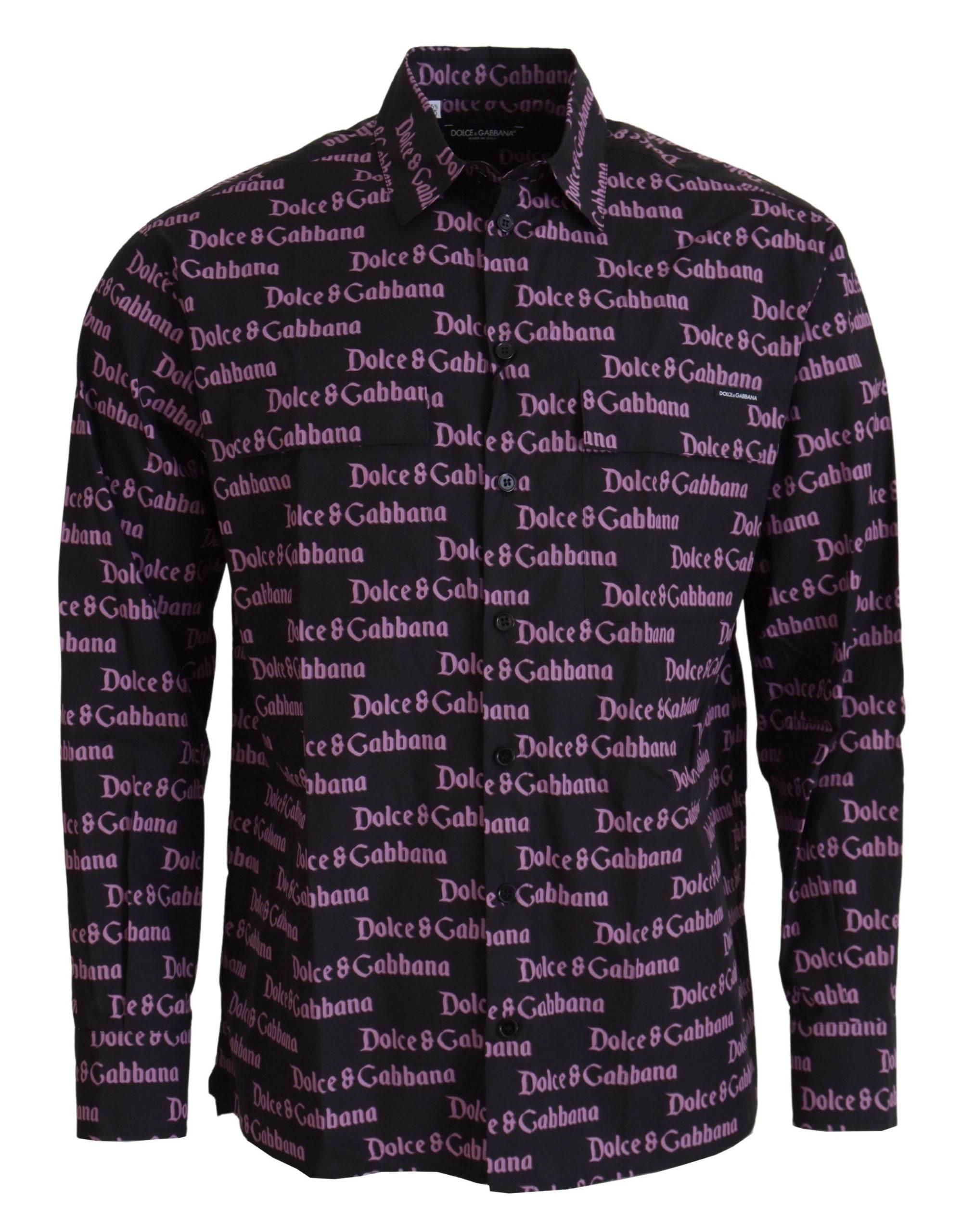 Dolce & Gabbana Black Purple Logo Slim Dress Formal Shirt - Hilstor