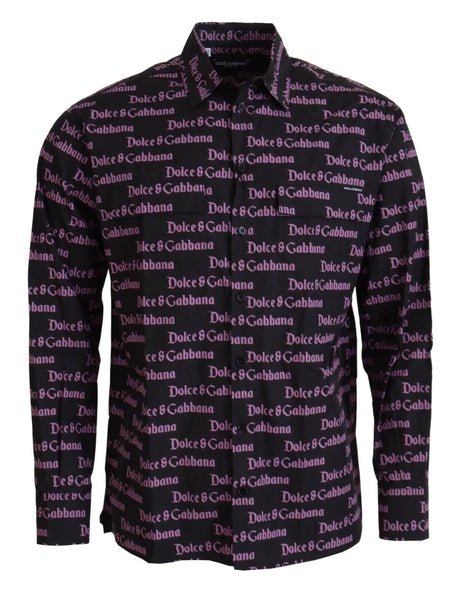 Dolce & Gabbana Black Purple Logo Slim Dress Formal Shirt - Hilstor